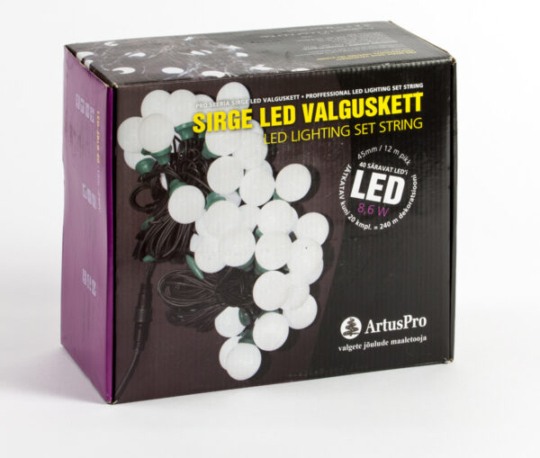 Sirge LED valguskett, 4cm valguskuul, 40 LEDi, jätkatav, 12m.  - tumeroheline kaabel, külmvalge LED