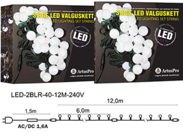 Sirge LED valguskett, 4cm valguskuul, 40 LEDi, jätkatav, 12m.  - tumeroheline kaabel, soevalge LED