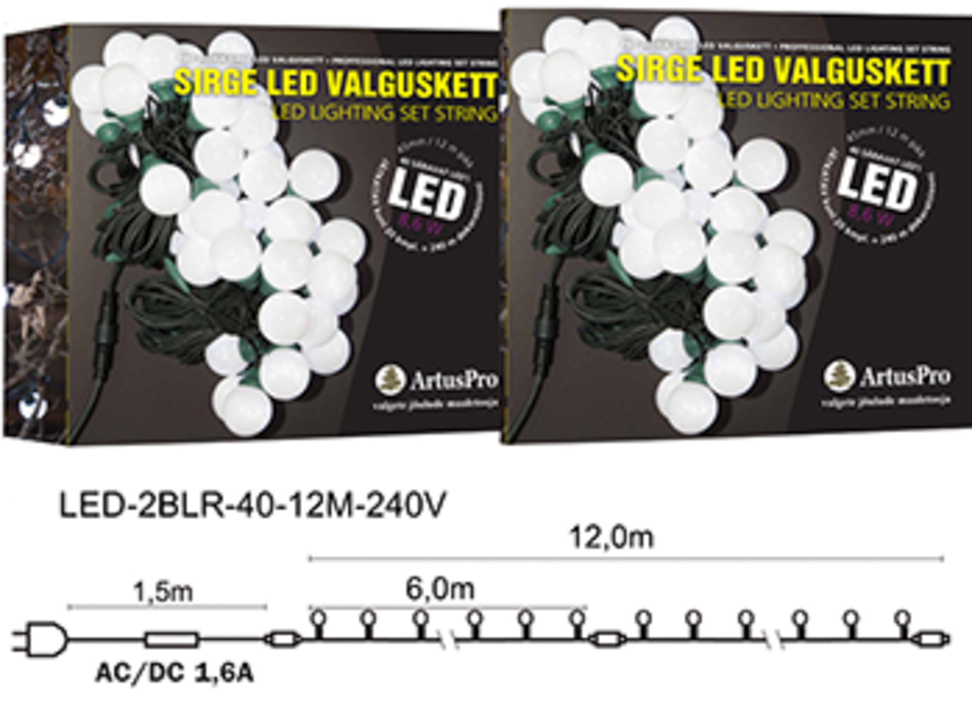 Sirge LED valguskett, 4cm valguskuul, 40 LEDi, jätkatav, 12m.  – tumeroheline kaabel, soevalge LED