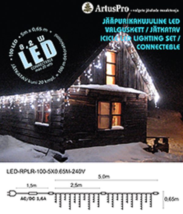 Jääpurikakujuline LED valguskardin 100LED 5m jätkatav - valge kaabel, soevalge LED IP44