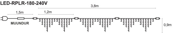 Jääpurikakujuline LED valguskardin 180 säravat LEDi 3,8x0,9m jätkatav PROFI - valge kaabel, külmvalge LED