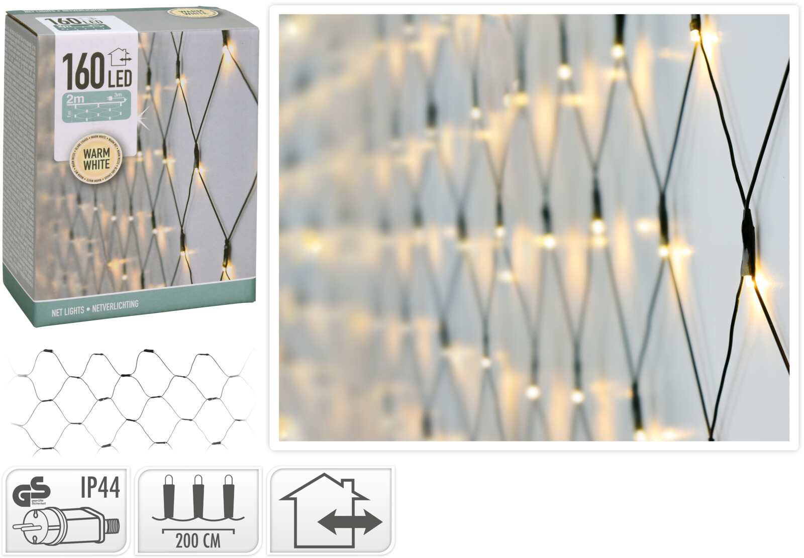 Valgusvõrk 2x1m 160 LED soe valge IP44 must juhe