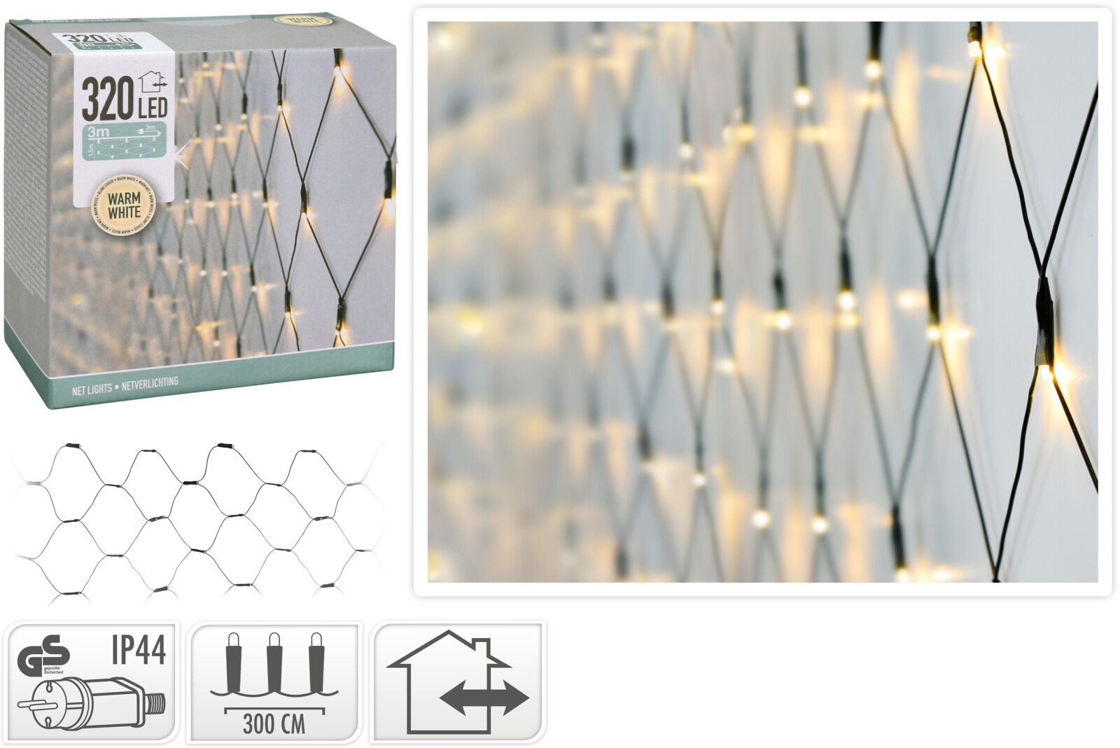 Valgusvõrk soe valge 3×1.5m 320LED IP44