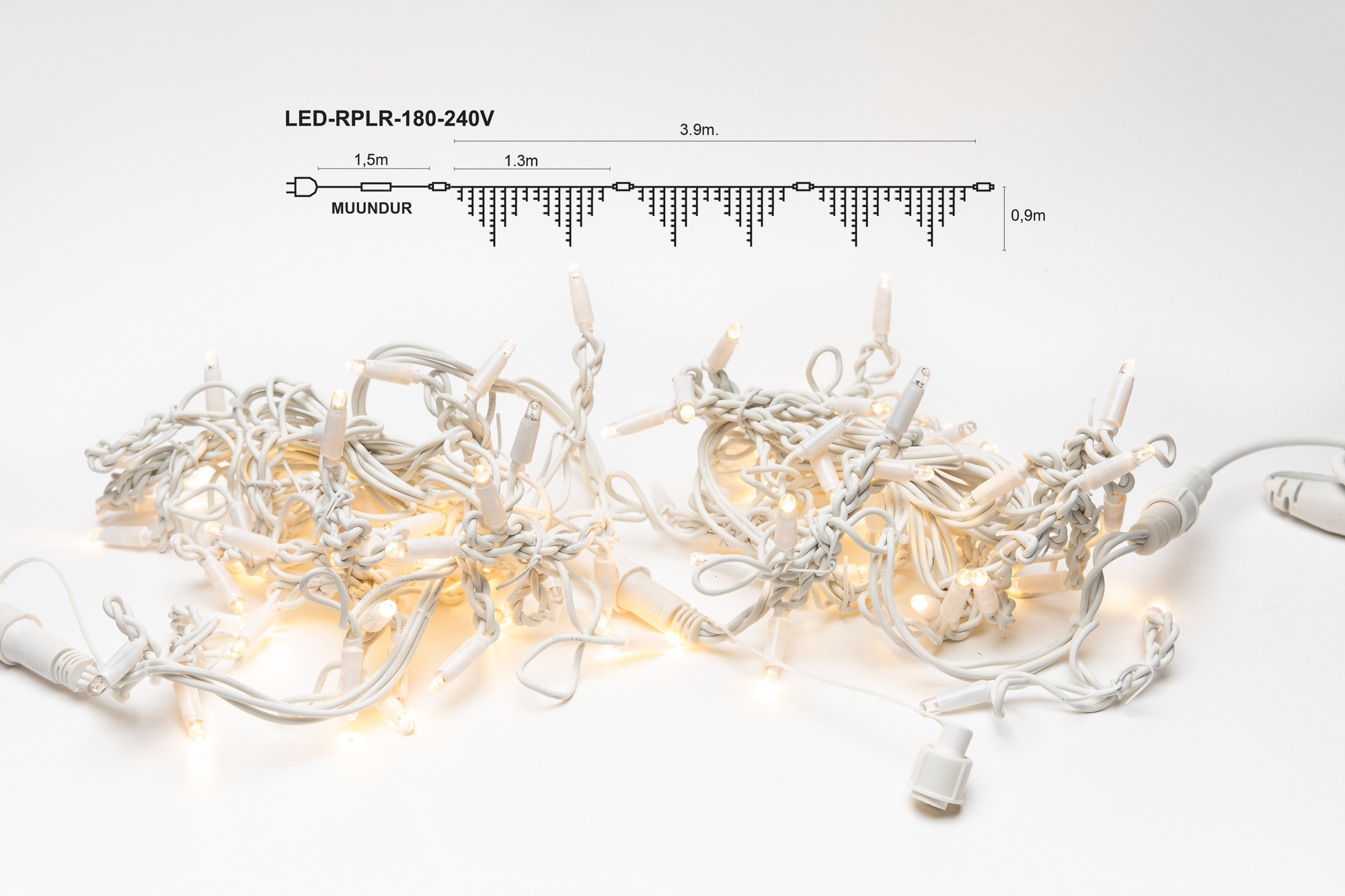 Jääpurikakujuline LED valguskardin 180 säravat LEDi 3,8×0,9m jätkatav, valge kaabel, soevalge LED