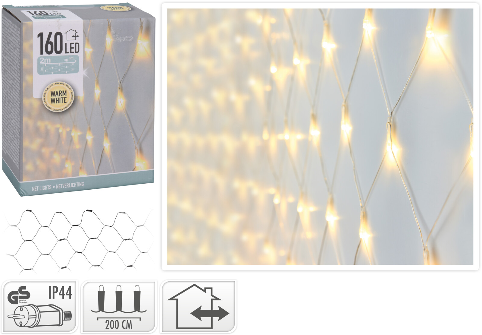 Valgusvõrk 2x1m 160 LED soe valge IP44 läbipaistev juhe