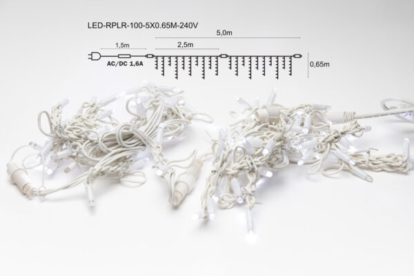 Jääpurikakujuline LED valguskardin 100LED 5m jätkatav - valge kaabel, külmvalge LED