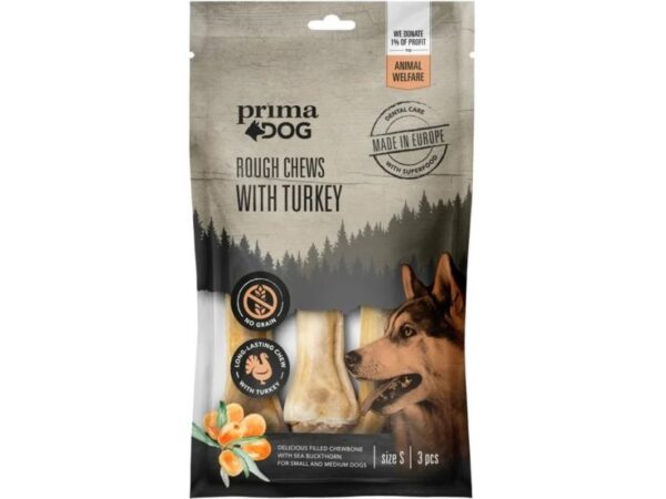 PrimaDog täidisega närimiskont kalkuni-astelpaju S,10cm,105g