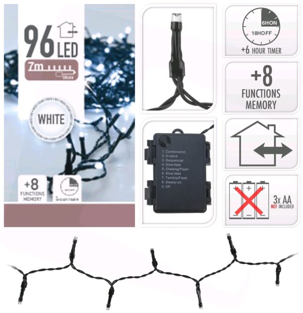 Valguskett külm valge 7m 96LED IP44 patareidega