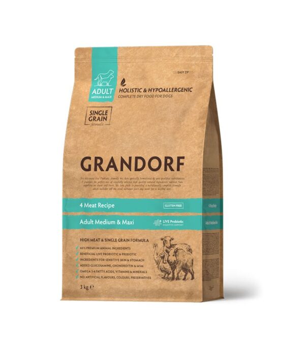 Grandorf kuivtoit täiskasvanud keskmistele ja suurtele koertele 4 lihaga 1kg
