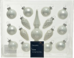 Klaaskuulide komplekt + kuusetipp matt/läikiv valge Ø3,5cm 15tk/pk