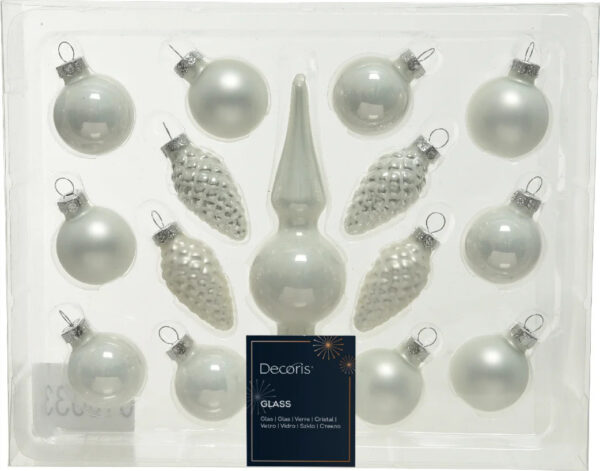 Klaaskuulide komplekt + kuusetipp matt/läikiv valge Ø3,5cm 15tk/pk