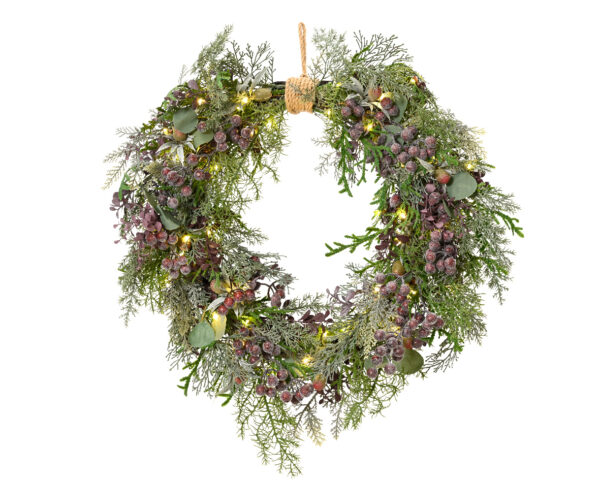 Pärg lillade marjadega 60LED soe valge, patareid Ø40cm