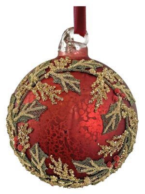 Klaaskuul pärlitest Holly oksaga punane Ø8cm