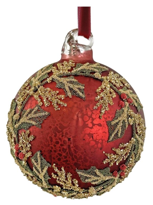 Klaaskuul pärlitest Holly oksaga punane Ø8cm