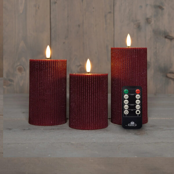 Led küünlad triibuline tumepunane puldiga 3tk/pk