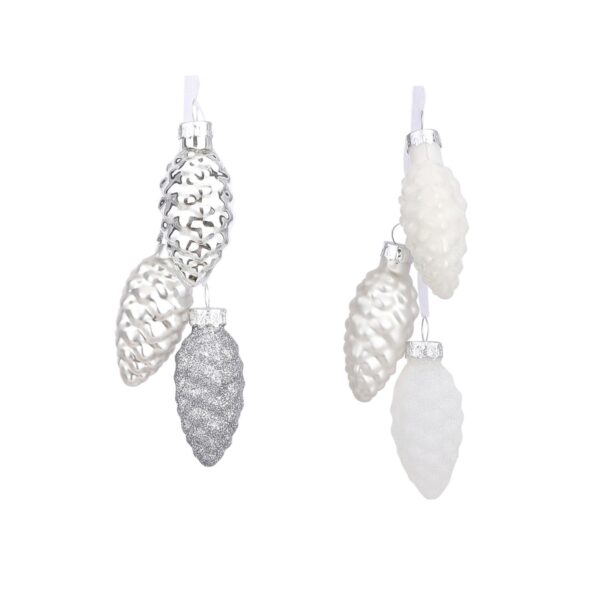 Kuuseehe klaasist käbid valge/hõbedane Ø3x h6cm