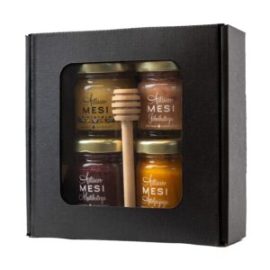 Kinkekomplekt Artisan Honey 4x50g ja meevurr kinkekarbis