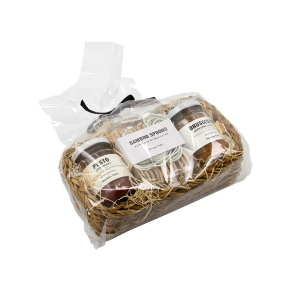 Kinkekomplekt NV pesto, bambuslusikate ja bruschettaga punutud korvis 135g