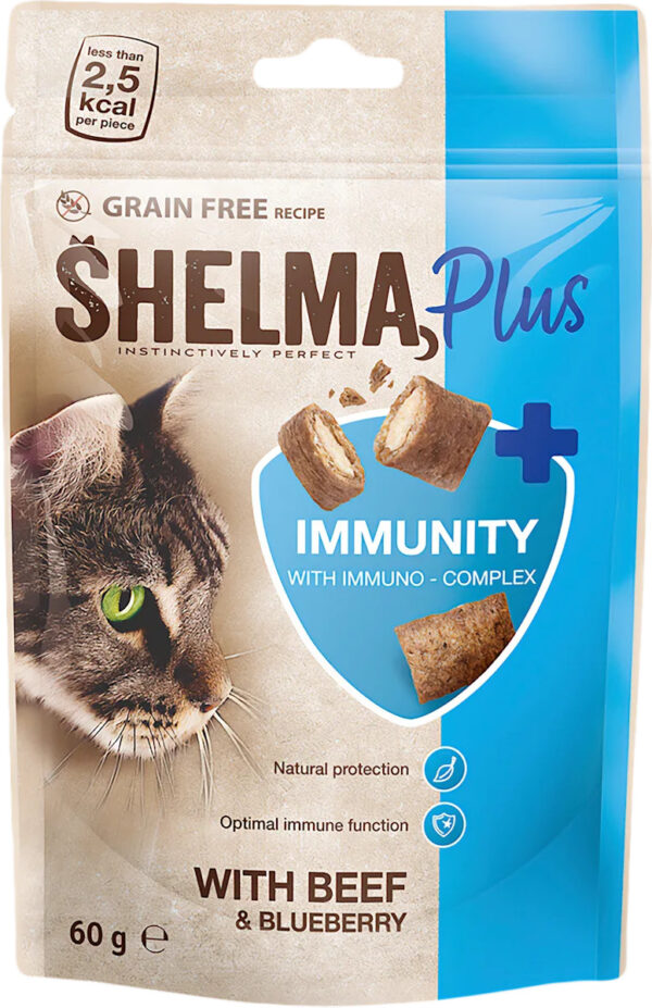Shelma maiustus kassile Immunity veise-ja mustika täidisega padjakesed 60g