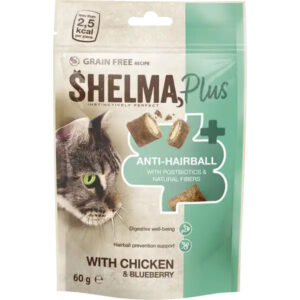 Shelma maiustus kassile Hairball kana-ja mustikatäidisega padjakesed 60g