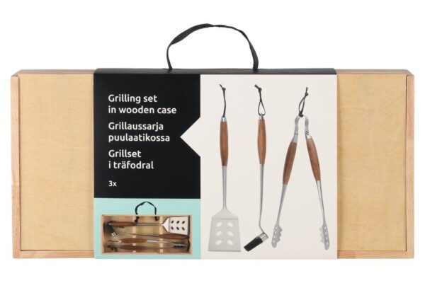Grillitarvikute komplekt 3-osaline puidust karbis