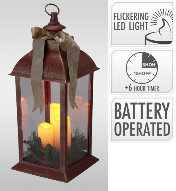 Kolme LED-küünlaga jõululatern punane-kuldne 49 cm